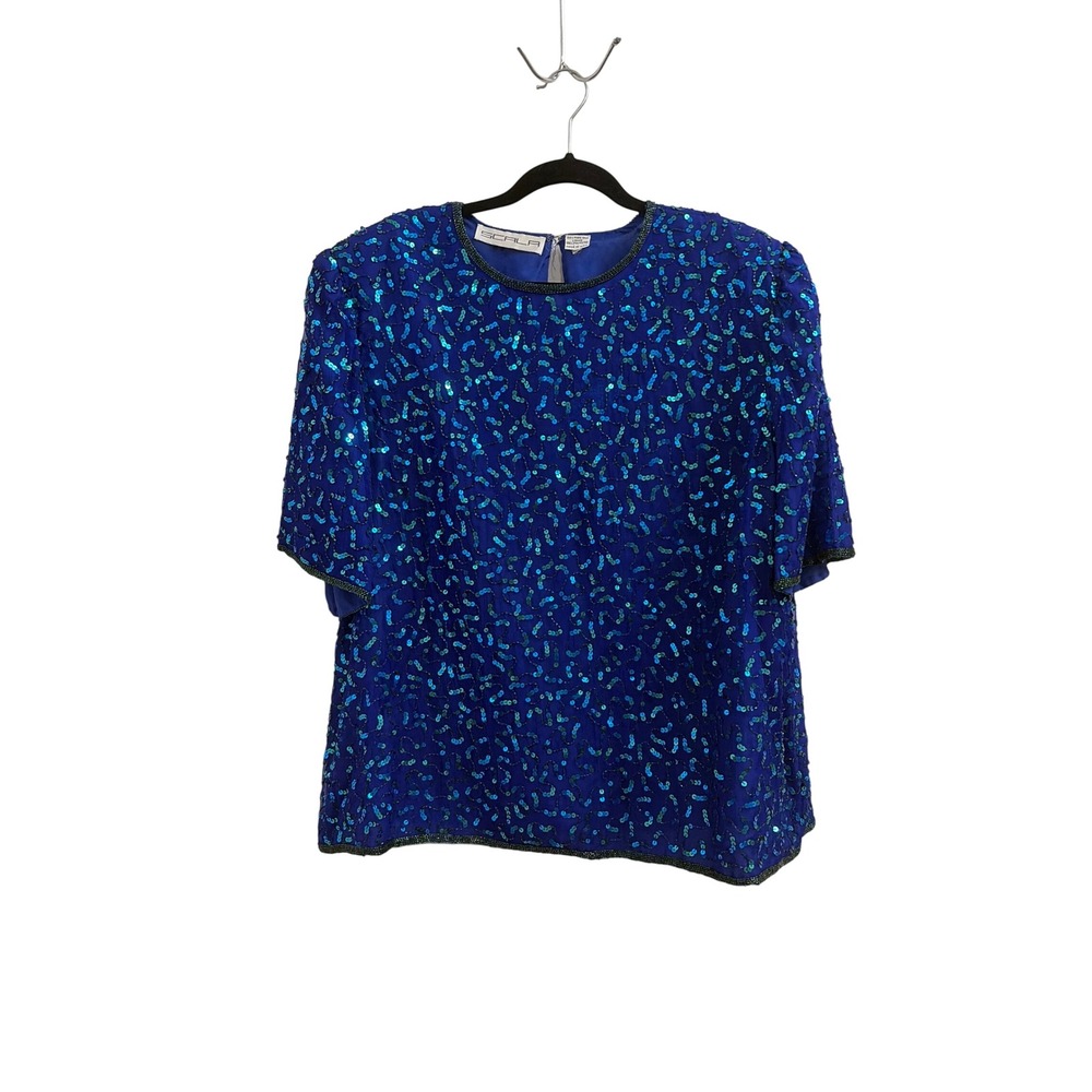 Vintage Scala Blue Silk Beaded Sequin Evening Top Women's 2X Short Sleeve